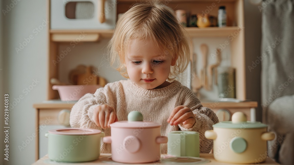 Toddler playing with pastel toy kitchen in safe indoor space Toddler playing with pastel toy kitchen in safe indoor space