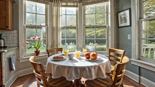 Cozy breakfast nook with sunlight streaming through the windows, featuring a round table set for a delicious morning meal in a charming and inviting home interior
