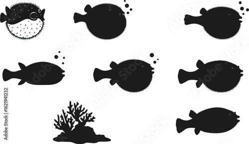 Pufferfish silhouettes with coral
