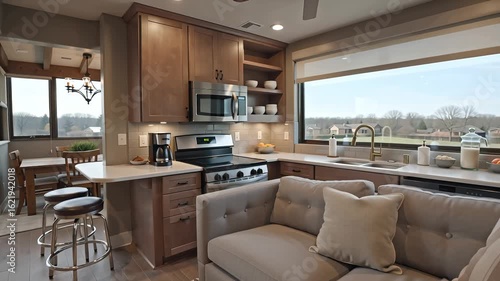 Modern kitchen and living room interior with sleek design, comfortable furniture, and a view of the city, creating a stylish and inviting home environment