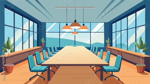 A spacious conference room with large windows and a long wooden table.