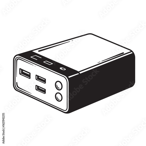 Black and white line art illustration of a portable power bank for modern devices