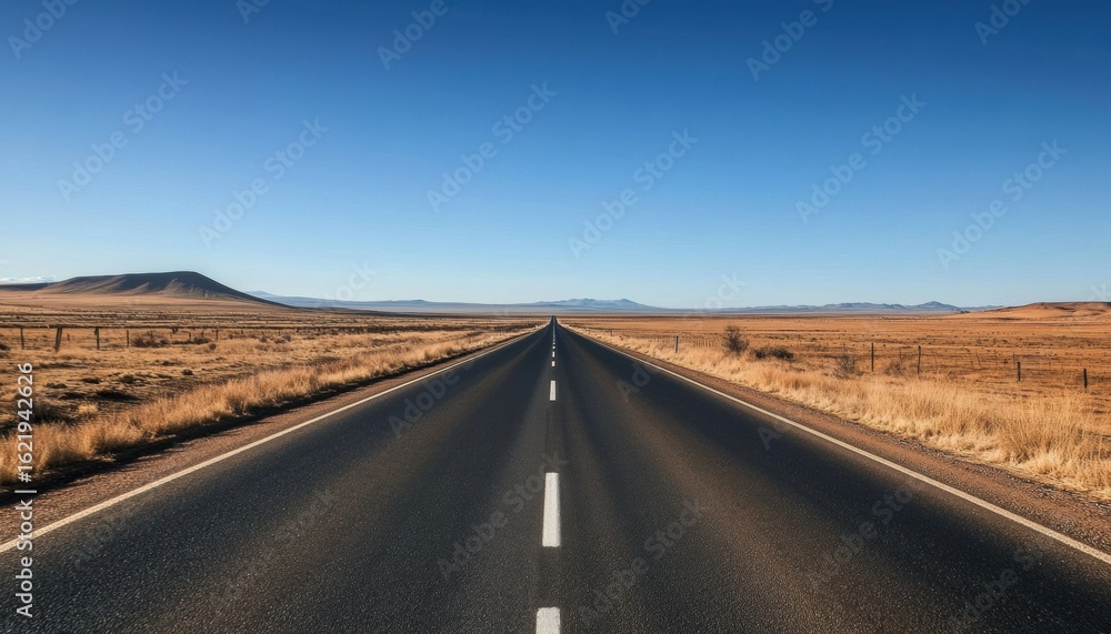Endless Straight Road Through Dry Grass Fields Vanishing Into Blue Horizon under A long, disappears Endless Straight Road Through Dry Grass Fields Vanishing Into Blue Horizon under A long, disappears