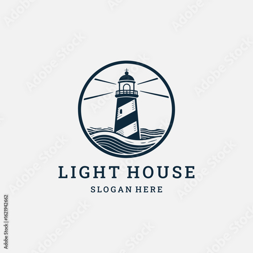 Vintage lighthouse logo with maritime and timeless feel.