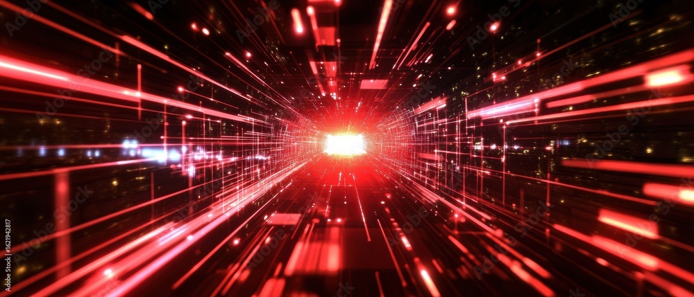 Naklejka premium Futuristic Red Digital Tunnel with Glowing Lights and Geometric Lines for High-Tech