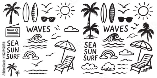 Hand-drawn doodle beach and surf icon vector set with tropical elements like palm trees, waves, surfboards, and sun. Perfect for summer designs, t-shirts, posters, and coastal branding