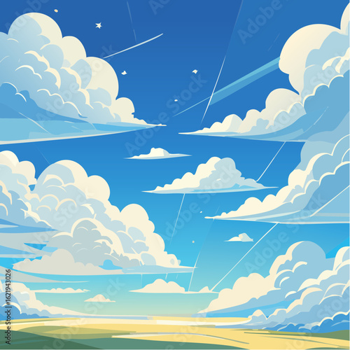 Anime-style blue sky with large fluffy summer clouds, nostalgic and vibrant