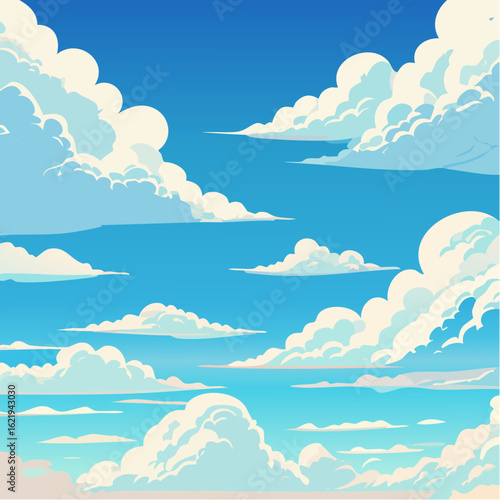 Anime-style blue sky with large fluffy summer clouds, nostalgic and vibrant