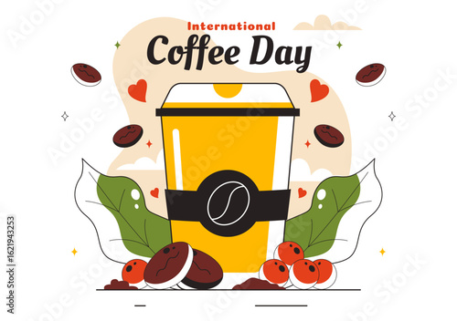 International Coffee Day Vector Illustration on 1st October, Featuring Aromatic Coffee and a Relaxing Drink with a Brown Background in a Cute Cartoon