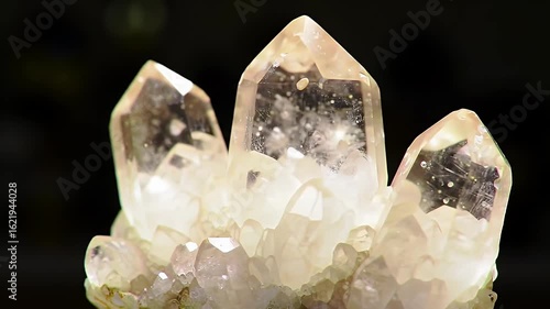 Clear Quartz Crystal Cluster Macro Shot Against Dark Background Detailed Geological Gemstone Formation