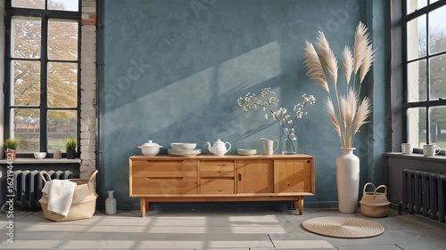 A stylish interior design featuring modern furniture, including a wooden cabinet, vase, and plant, in a welllit room with a window, creating a comfortable and luxurious home decor