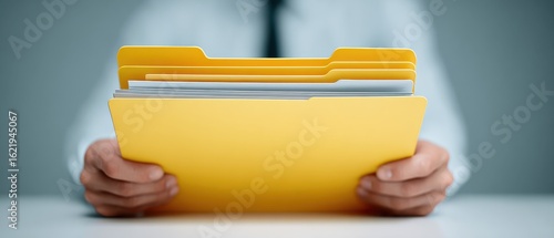 A person meticulously holds an open file, the focal point on the yellow folder, symbolizing diligent work and attention to detail.