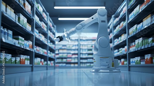 Automated Robot Arm Restocking Shelves in a Modern Pharmacy with Blue Tones