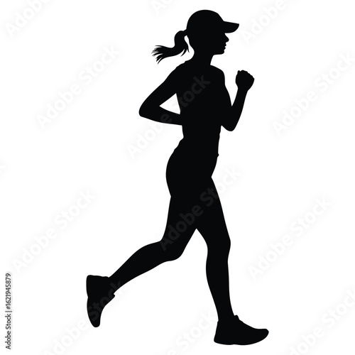 Black silhouette of a young female runner wearing a cap, jogging outdoors.

