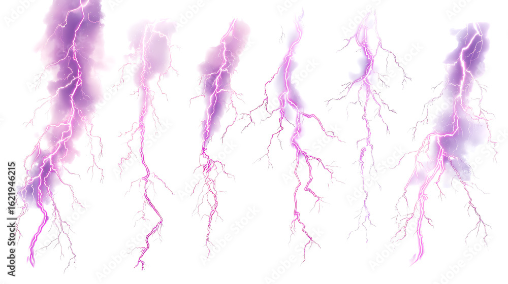 Fototapeta premium Vibrant purple lightning bolts striking against a white background, ideal for graphic design