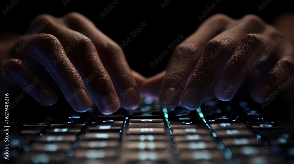 Fototapeta premium Hands Typing on Illuminated Keyboard in Dark Environment, Technology