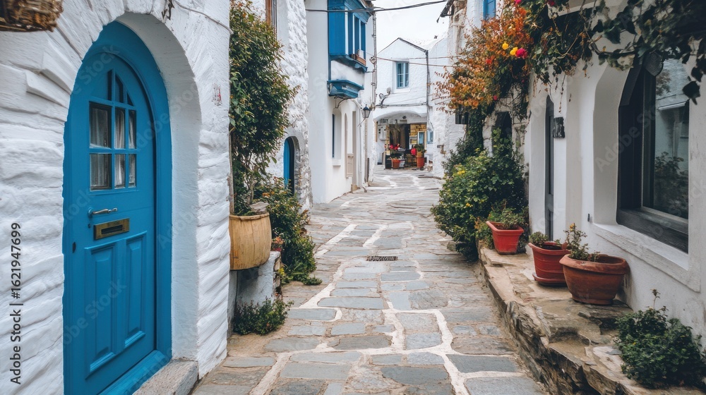Fototapeta premium Quaint whitewashed alleyway, blue door, Mediterranean town, people relaxing in background
