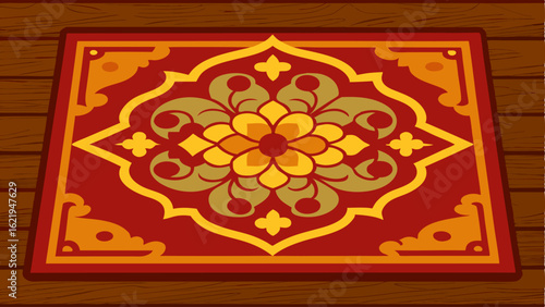 A statement piece rug with an intricate pattern adding a touch of glamour to the hardwood floor.