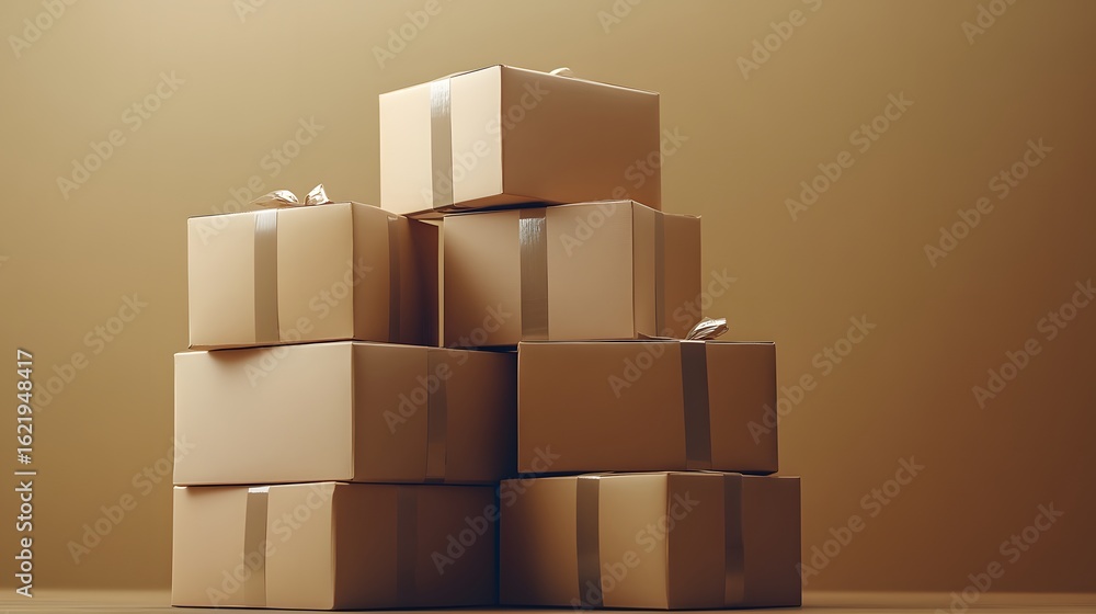 Stack of beige gift boxes with silver ribbons on a warm neutral background, ready for celebration or special occasion, minimalistic concept Stack of beige gift boxes with silver ribbons on a warm neutral background, ready for celebration or special occasion, minimalistic concept