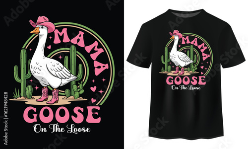 Cowgirl Goose Western Cactus Cute Mama Goose T-Shirt Vector Art Illustration