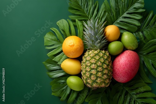 Fresh fruits on green background.