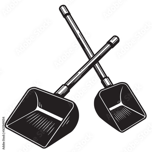 Black and white crossed dustpans with handles for cleaning and janitorial purposes