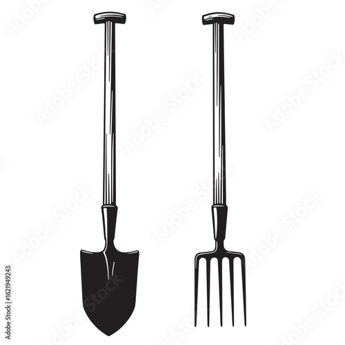 Black and white illustration of a shovel and pitchfork gardening tools on white background