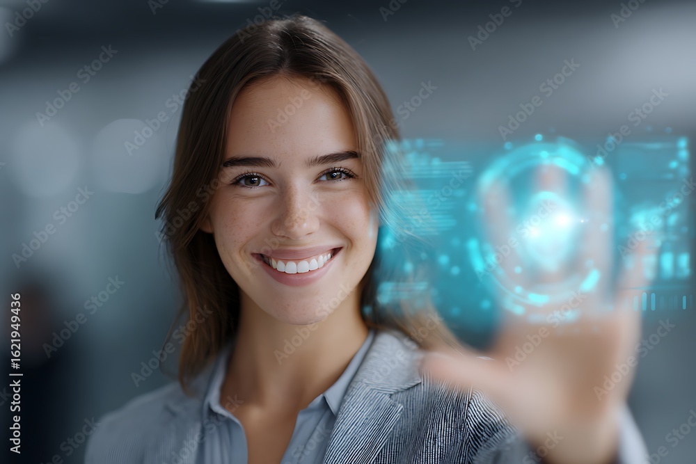 Young woman touching virtual screen Young woman touching virtual screen