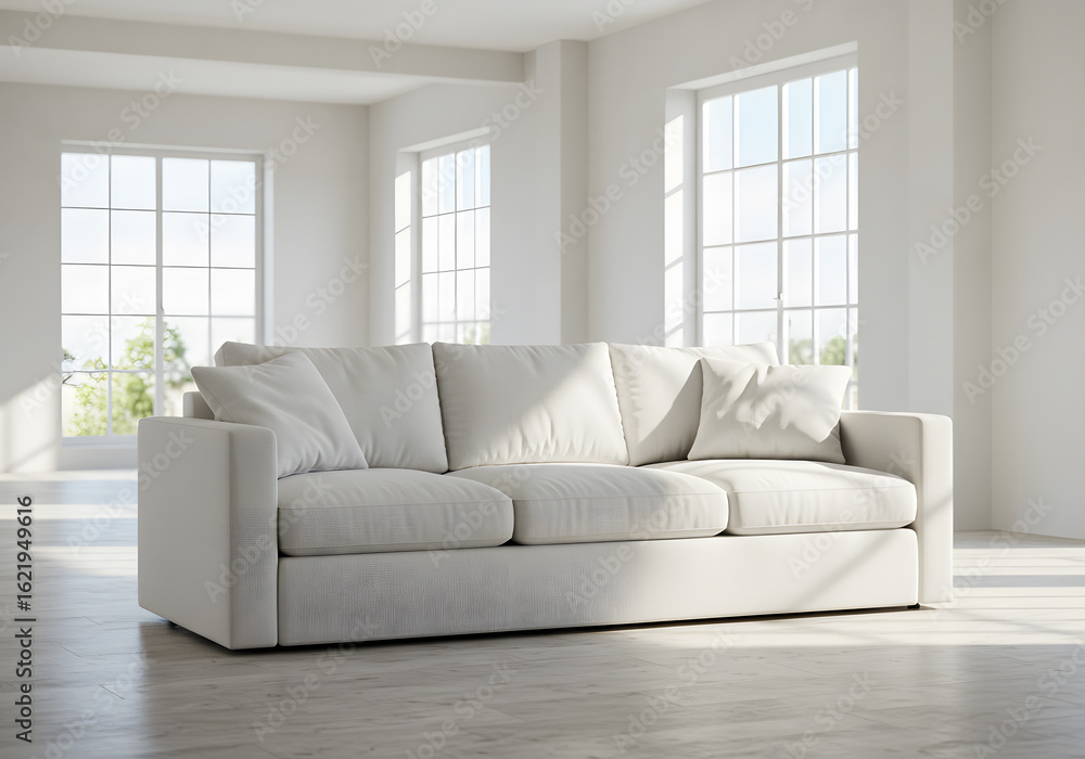 Fototapeta premium Modern beige sofa in bright interior