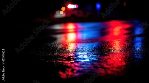 A wet surface reflects vibrant emergency vehicle lights with blurred sections in sharp focus and out of focus areas behi