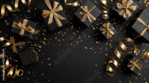 Black friday gifts luxury presents with golden ribbon and confetti