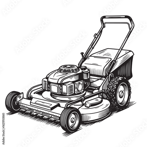 Detailed black and white illustration of a classic push lawnmower on a white background