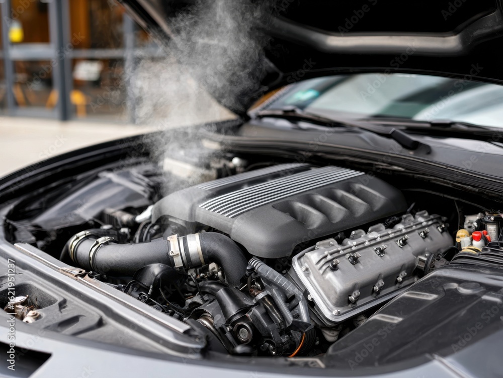 Fototapeta premium Steam rising from a car engine, indicating potential overheating issue, engine compartment with visible steam or smoke.