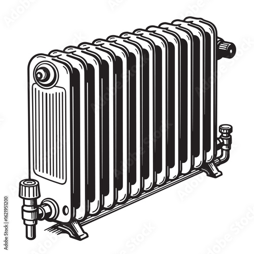 Detailed black and white illustration of an antique cast iron radiator for home heating
