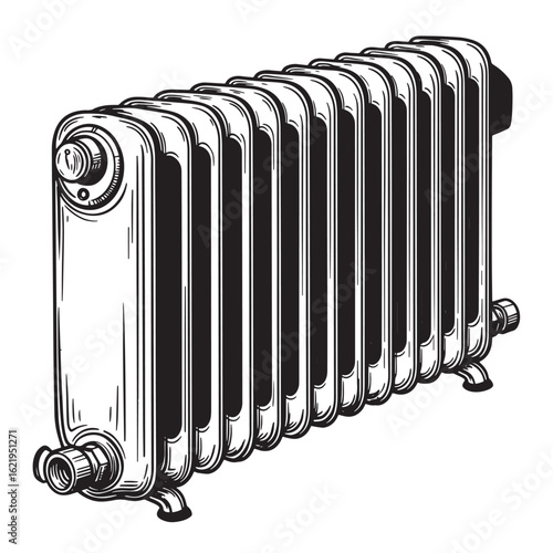 Detailed black and white illustration of an old fashioned cast iron radiator