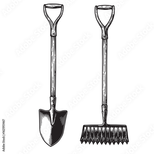 Detailed engraved illustration of garden tools including shovel and rake on white background
