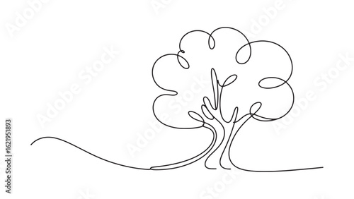 Single Continuous Line Drawing of Tree with Curly Branches on Transparent Background