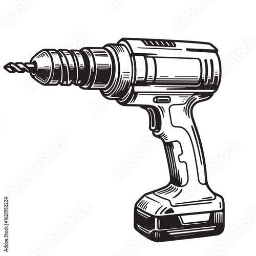 Hand drawn illustration of a cordless power drill in a vintage retro engraving style