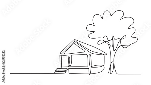 Continuous Line Drawing of a House and Tree Simple Outline Architecture Nature