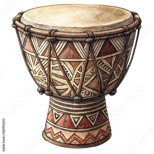 Vibrant Djembe drum with intricate tribal patterns and natural textures for cultural music