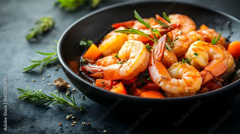 Delicious Shrimp and Vegetable Stir-Fry in a Black Bowl with Fresh Herbs and Spices Delicious Shrimp and Vegetable Stir-Fry in a Black Bowl with Fresh Herbs and Spices