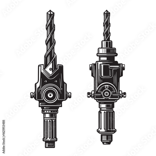 Vintage drill machine illustrations showing detailed mechanical components in black and white