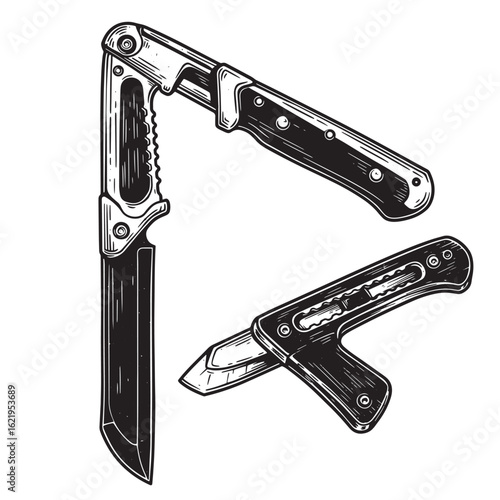 Vintage illustration of three different styles of pocket knives in black and white