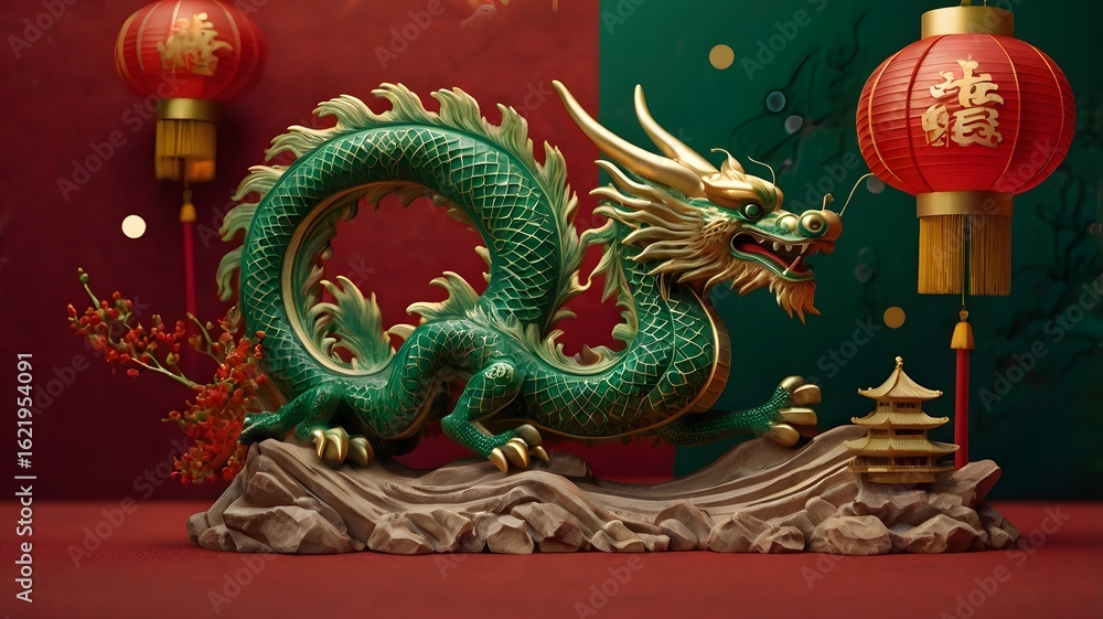 Obraz premium Green dragon sculpture with lanterns and traditional elements