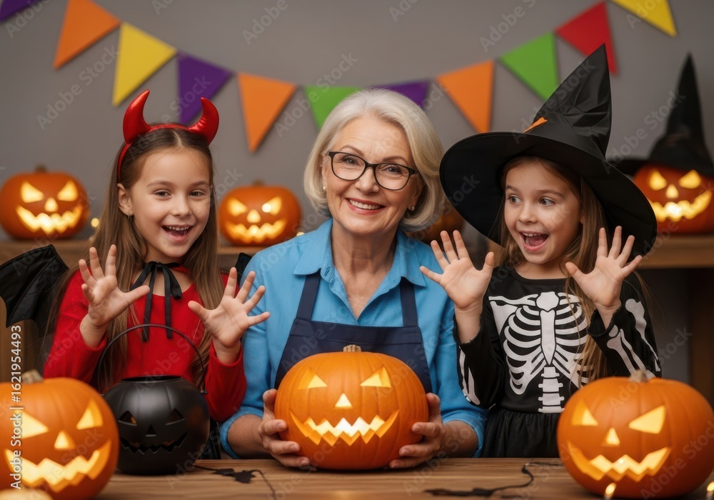 Fototapeta premium Grandmother and two girls in Halloween costumes with carved pumpkins child