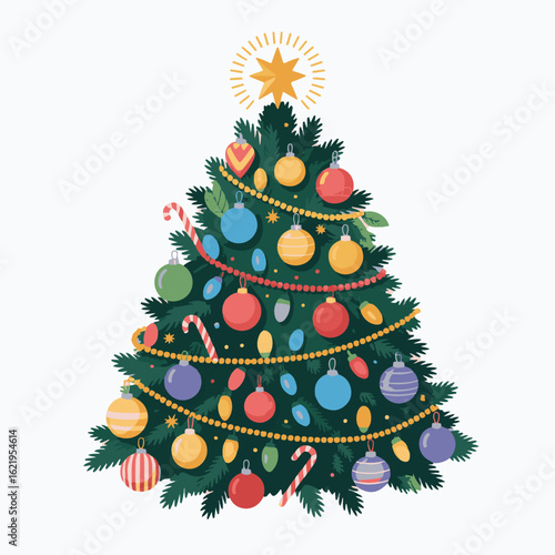 Wallpaper Mural Decorated Christmas Tree Vector Illustration – Holiday Logo with Ornaments, Garlands, and Star Topper Torontodigital.ca