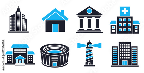 Building construction vector icons pack with house skyscraper blueprint crane tools and architecture symbols for urban projects