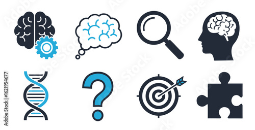 Brain and mind vector icons set featuring intelligence idea creativity mental health and psychology symbols for science applications