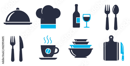 Catering and food service vector icons set featuring buffet chef hat meal tray dishes and event dining symbols