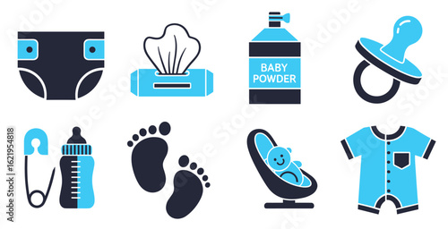 Baby diaper vector icons collection with infant care changing table hygiene and parenting symbols